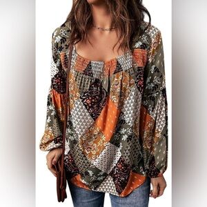 Patchwork Print Mixed Boho Floral Tunic Length Lantern Sleeve Blouse NEW